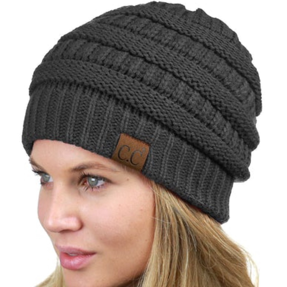 C.C Unisex Chunky Soft Stretch Cable Knit Warm Fuzzy Lined Gray Beanie